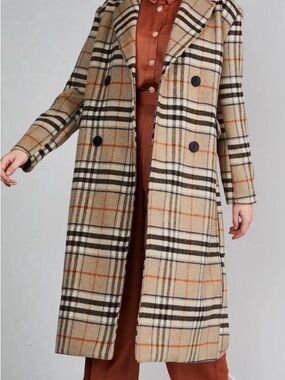 NATIVE YOUTH Beige Plaid Wool Coat with Black and Orange Accents XS/S